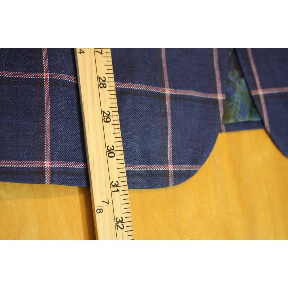 Tallia Mens Sport Coat Blue Linen Size 46R Two-Button Closure Windowpane Jacket